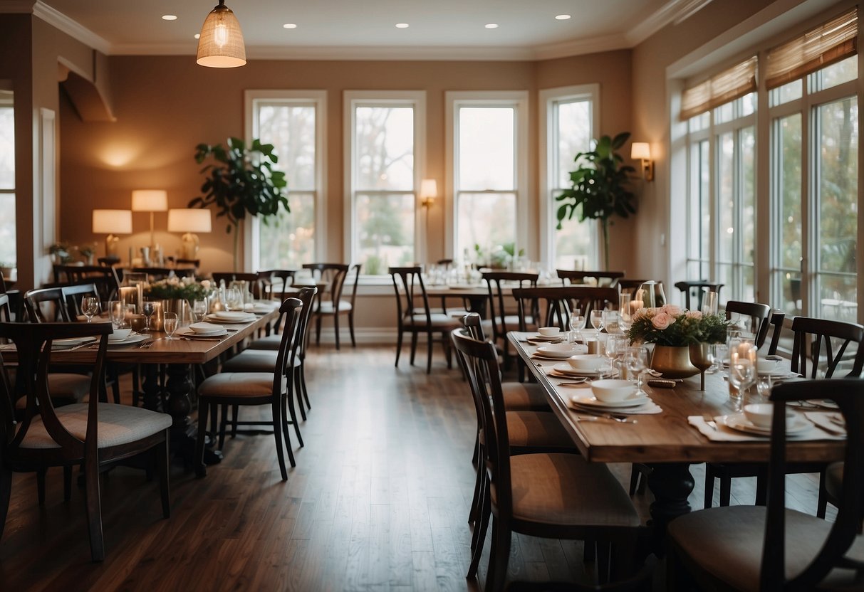 A cozy dining room with a variety of beautifully crafted tables, surrounded by chairs and adorned with elegant table settings