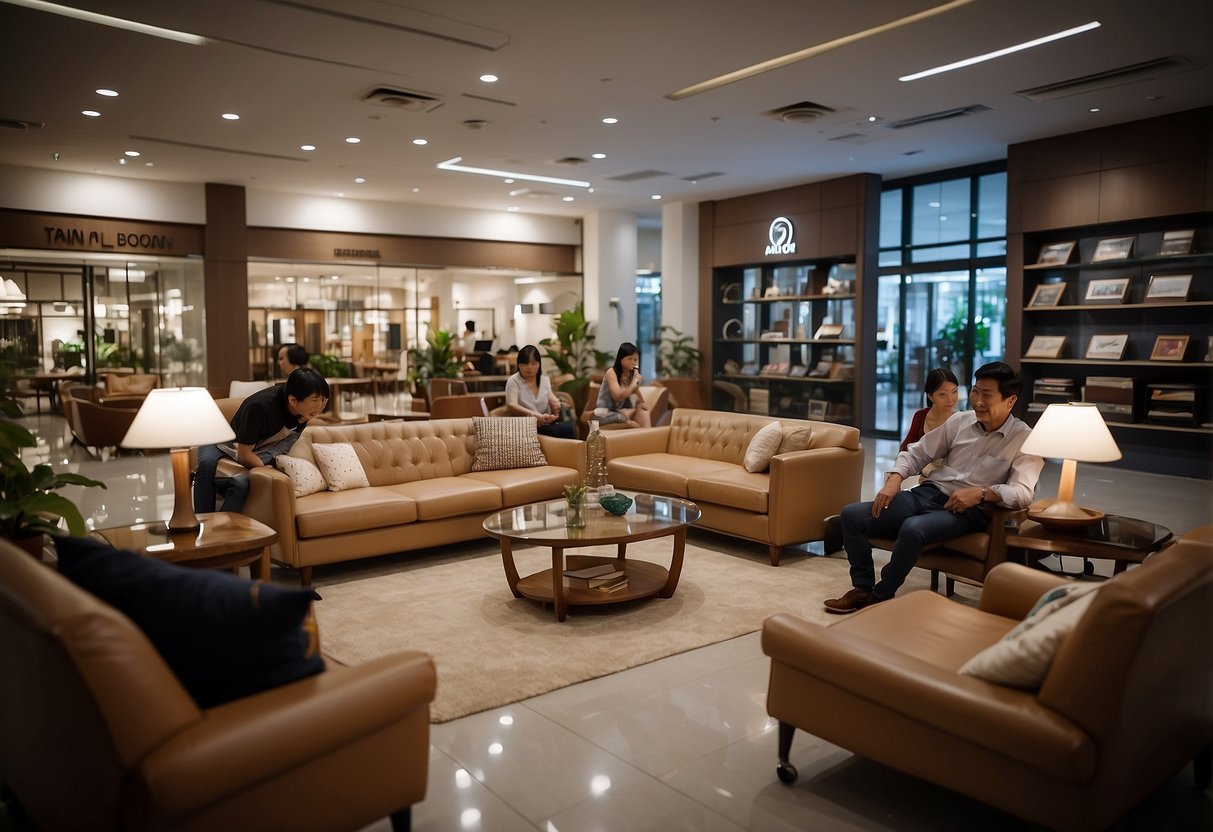 Customers browsing furniture displays at Tan Boon Liat Building, reading and asking questions from FAQ signs
