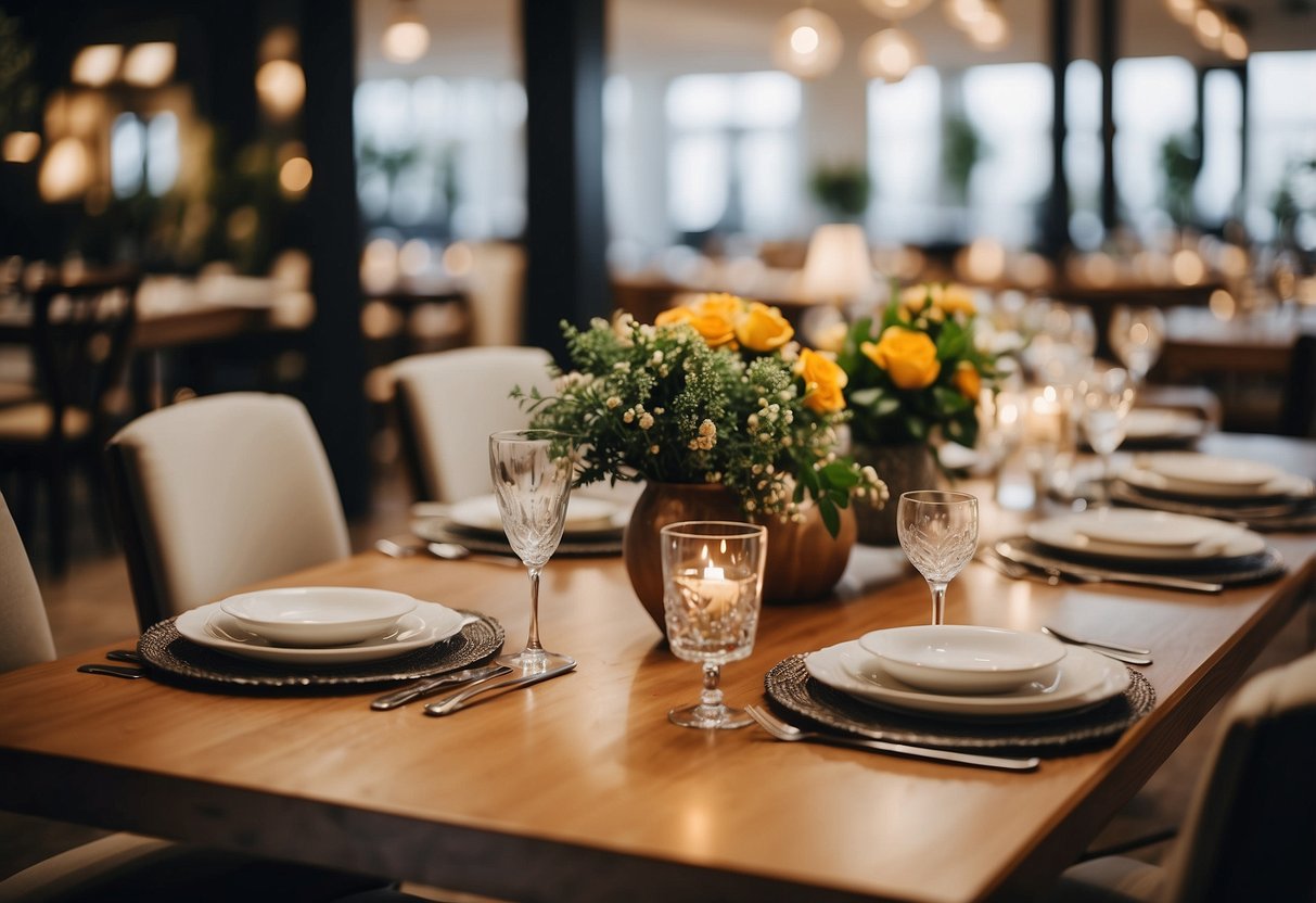 A variety of dining tables in different styles and materials are arranged in a showroom, with chairs and table settings to create a welcoming atmosphere