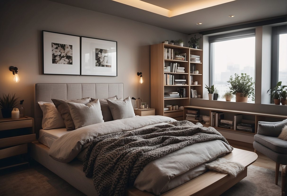 A cozy bedroom with a modern bed, surrounded by shelves of neatly organized FAQs furniture catalogs