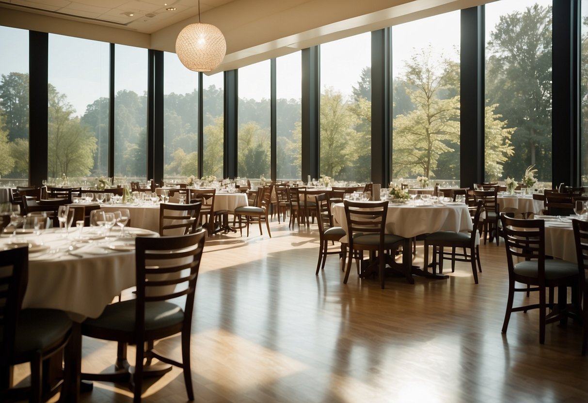 A bright, spacious room with a variety of dining tables on display, surrounded by chairs and with natural light streaming in through large windows