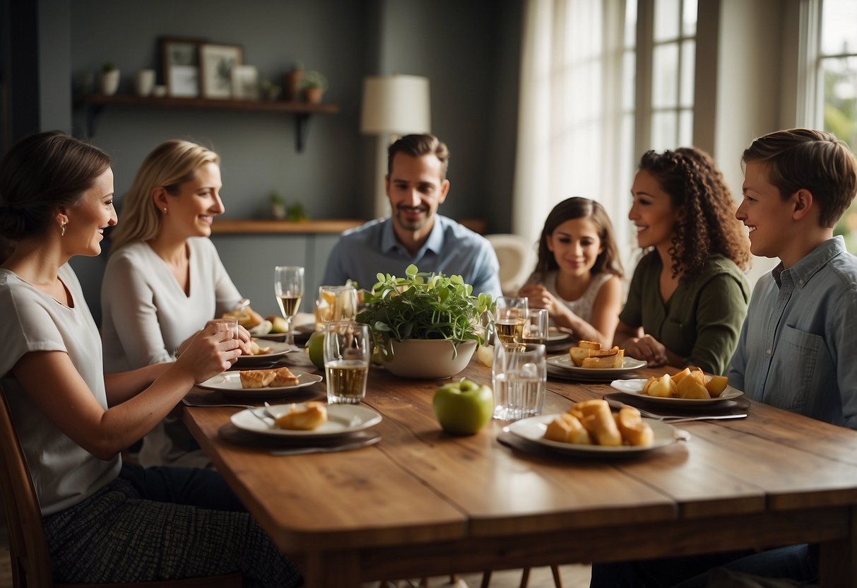 A dining table surrounded by chairs, with a family sitting and engaging in conversation. The table is adorned with place settings and a centerpiece