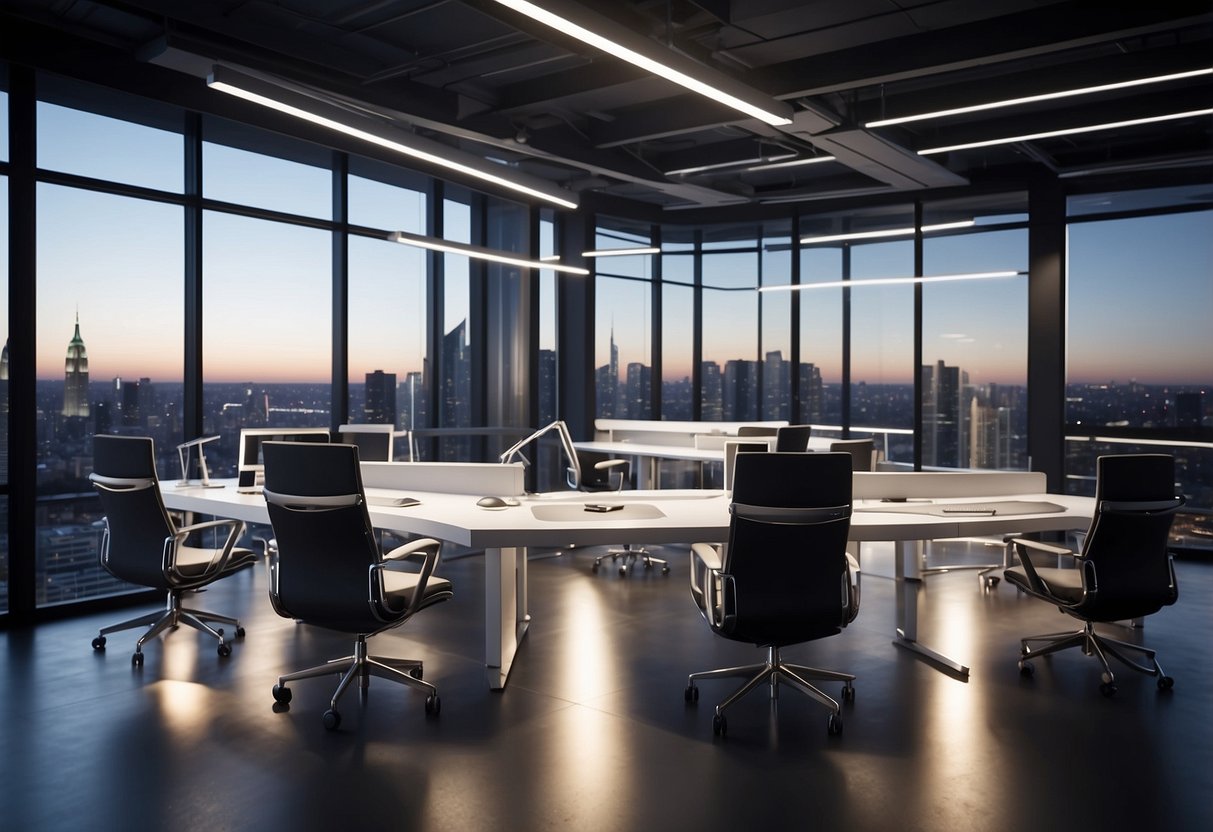 Sleek, ergonomic chairs surround modular desks. Glass partitions separate workspaces. LED lighting illuminates the space. Futuristic technology integrates seamlessly into the furniture