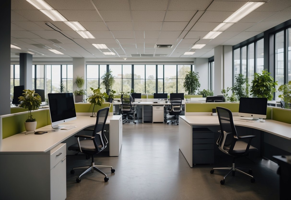 A modern office with flexible workstations, ergonomic chairs, and collaborative areas. Natural light and greenery create a comfortable and productive environment