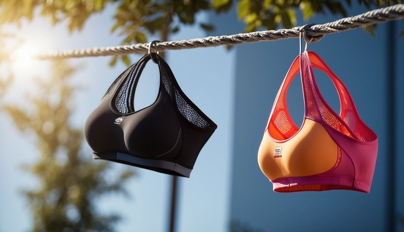 Two sports bras, one with encapsulation cups, the other with compression, hanging on a clothesline