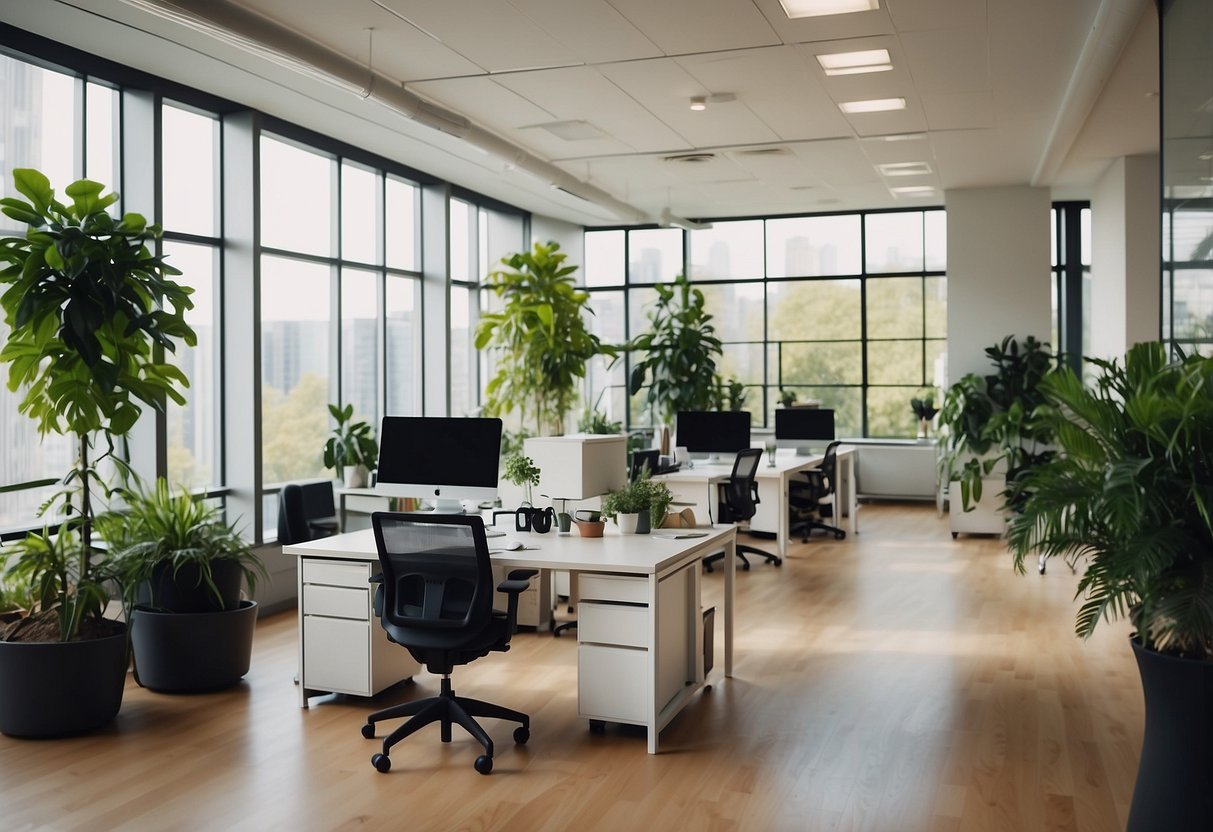 A modern, ergonomic office space with adjustable standing desks, comfortable chairs, and natural lighting. Plants and artwork add a touch of nature and creativity