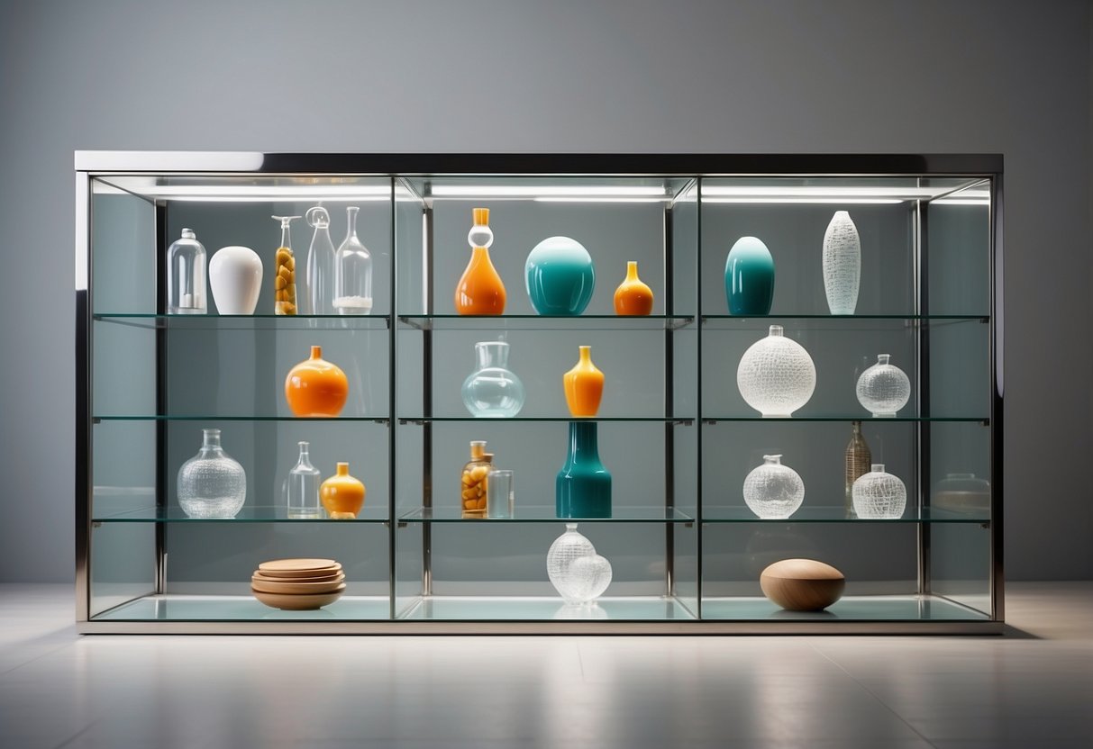 A glass cabinet stands against a white wall, displaying various items inside. The furniture is sleek and modern, with clean lines and a reflective surface