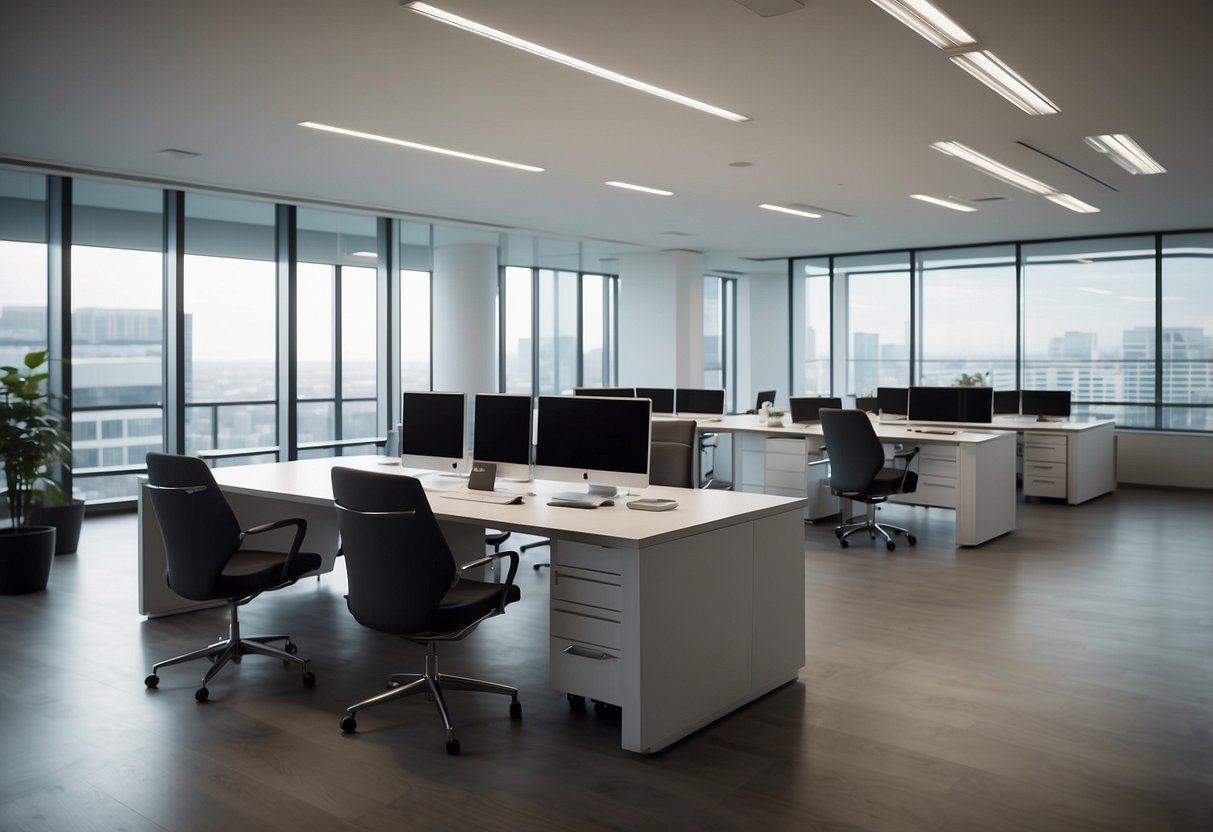 A modern office space with sleek, ergonomic furniture. A reception area with a stylish desk and comfortable seating. Bright, open workspaces with adjustable desks and ergonomic chairs. A conference room with a large, modern table and comfortable chairs
