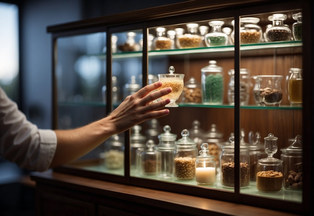 A hand reaches out to open a glass cabinet, revealing shelves of neatly arranged items and a soft interior light