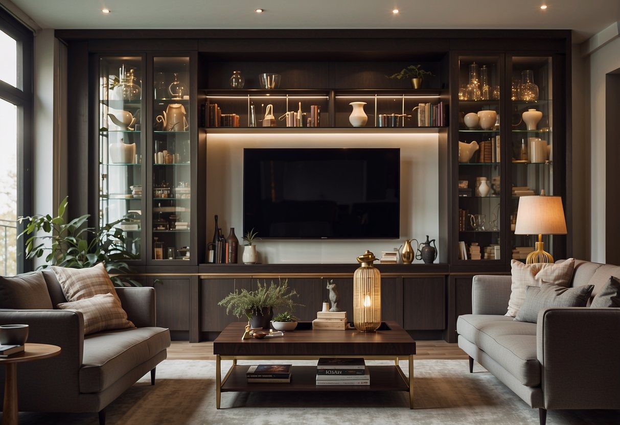 A modern living room with glass cabinets showcasing decorative items and books. The cabinets are illuminated, creating a warm and inviting atmosphere