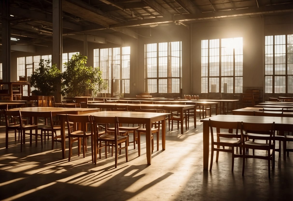 A spacious teak furniture warehouse with rows of polished tables, chairs, and cabinets. Sunlight streams in through large windows, casting warm, golden hues on the rich wood