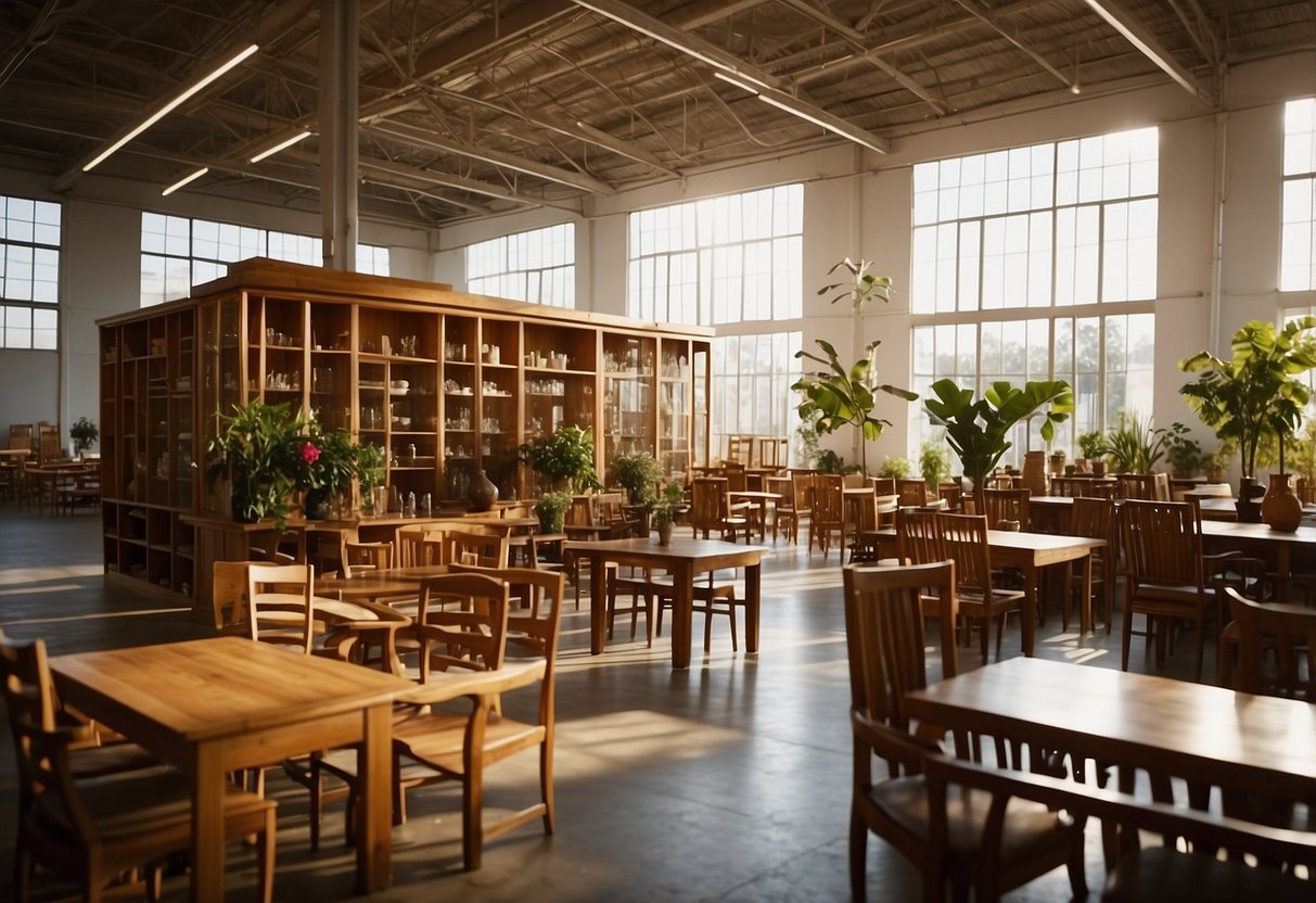 Customers browsing teak furniture in a spacious warehouse with rows of tables, chairs, and shelves showcasing various collections. Sunlight streams in through large windows, illuminating the rich wood grains and elegant designs