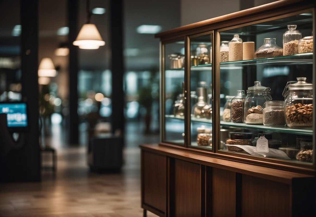 A glass cabinet filled with neatly arranged items, with a sign reading "Frequently Asked Questions" above it