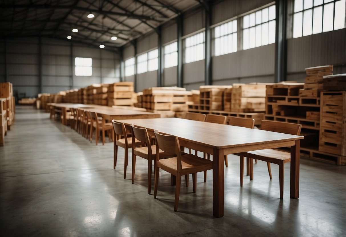 A spacious warehouse with rows of high-quality teak furniture, bathed in natural light. The rich, warm tones of the wood create a welcoming and luxurious atmosphere