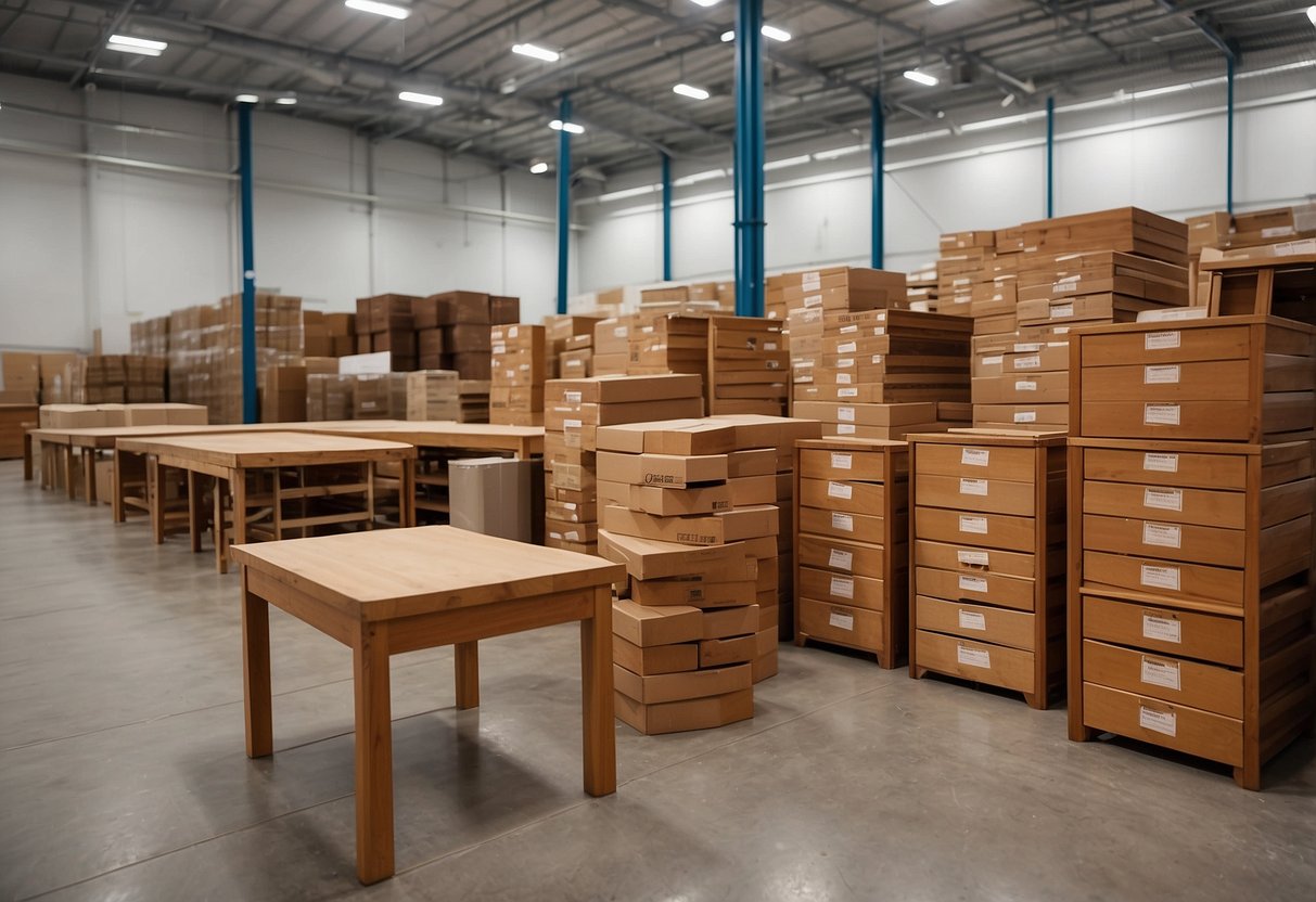 Teak furniture neatly stacked in a spacious warehouse, labeled with "Frequently Asked Questions" signage for easy customer access