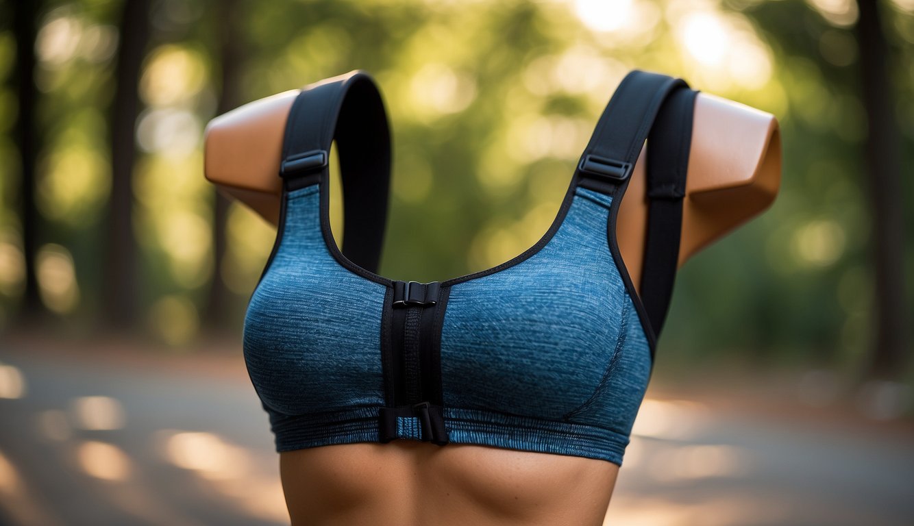 A sports bra with adjustable straps and a wide band for support, featuring molded cups for separation and a secure fit