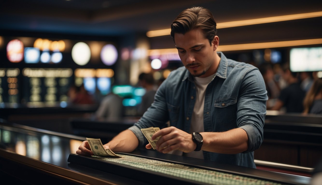 A young person placing a bet slip at a sportsbook counter. They confidently hand over cash and receive a ticket in return