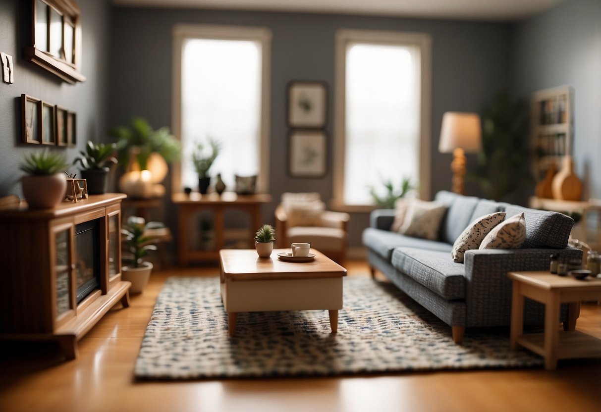 A cozy living room with tiny dollhouse furniture arranged neatly on a patterned rug, including a miniature sofa, armchairs, coffee table, and a small bookshelf against the wall