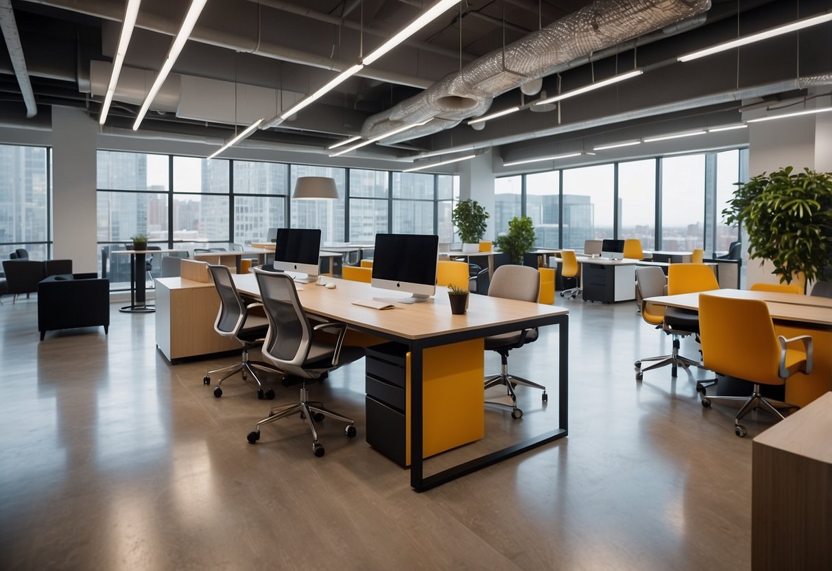 The verve office furniture is arranged in a modern, open-concept workspace with sleek desks, ergonomic chairs, and vibrant accent pieces