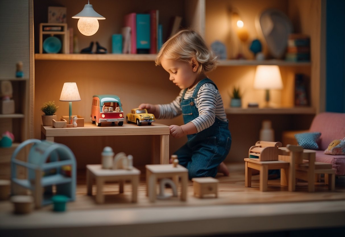 A child arranges Hape dollhouse furniture, creating cozy scenes in various rooms