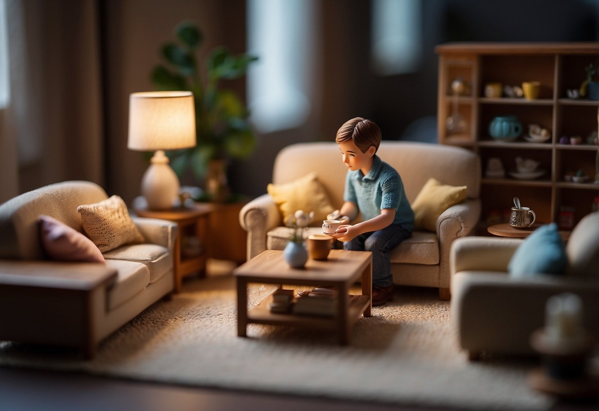 A child carefully arranges miniature dollhouse furniture, creating a cozy living room scene with a couch, coffee table, and lamp