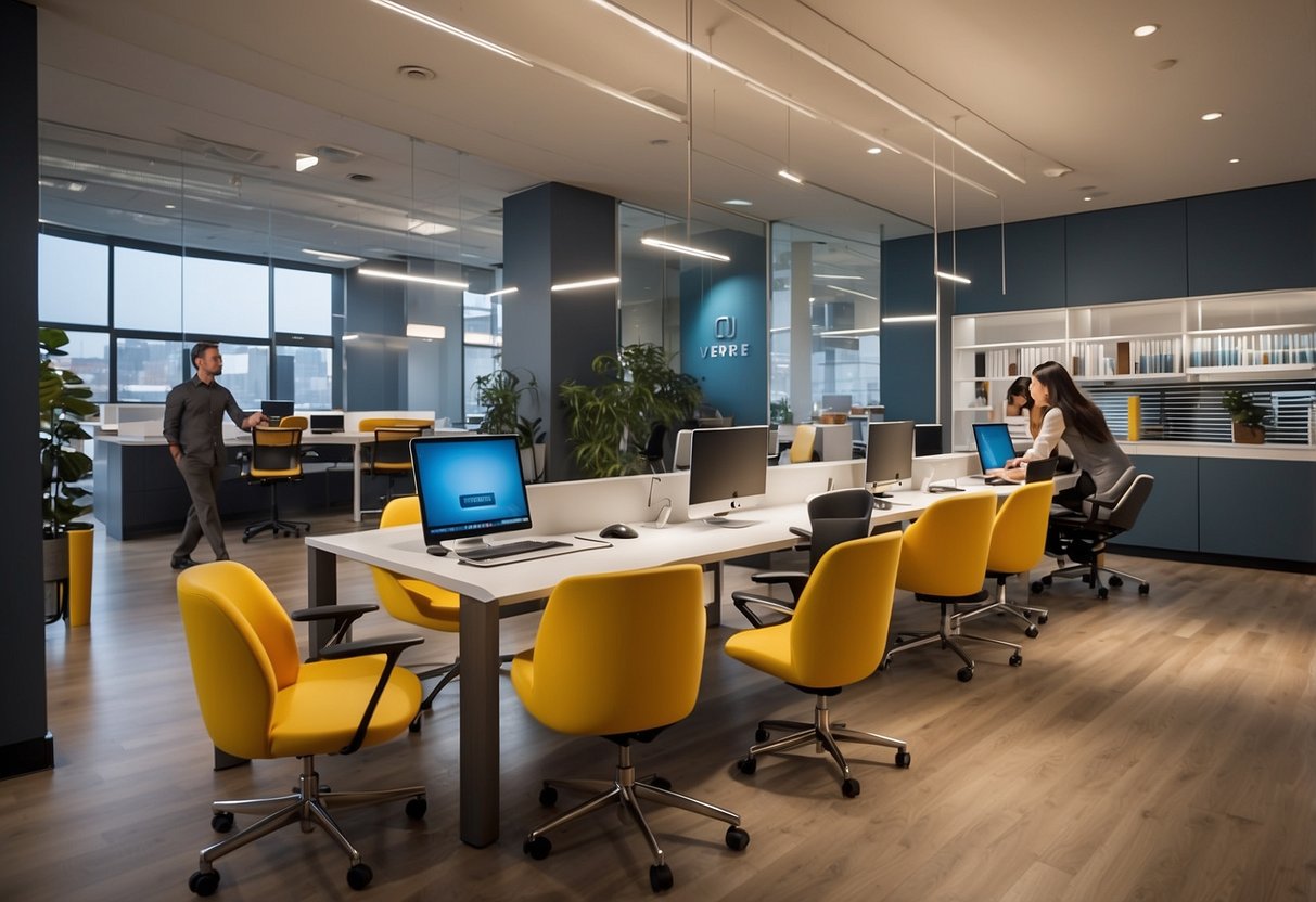 Employees browse modern desks, chairs, and storage units at Verve Office Furniture showroom. Bright lighting highlights sleek designs and vibrant colors