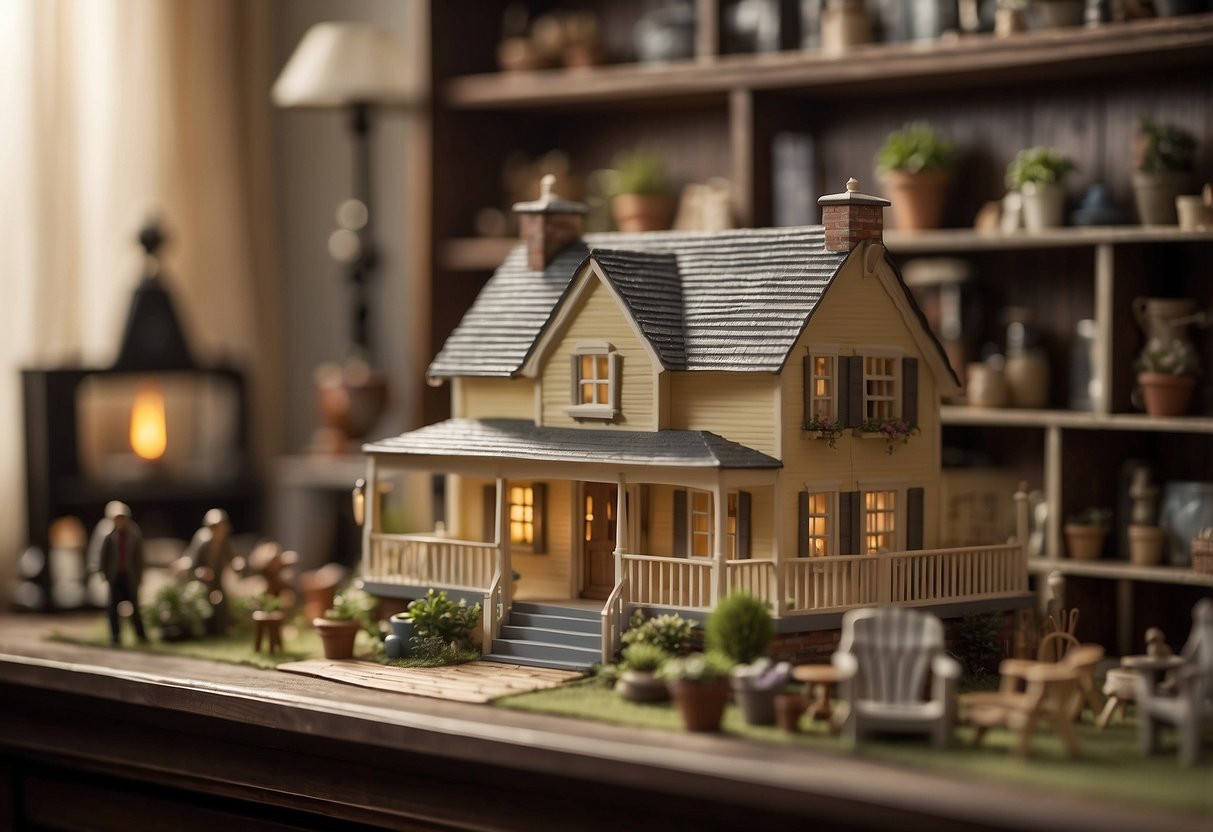 A dollhouse filled with miniature furniture, with a sign reading "Frequently Asked Questions" displayed prominently