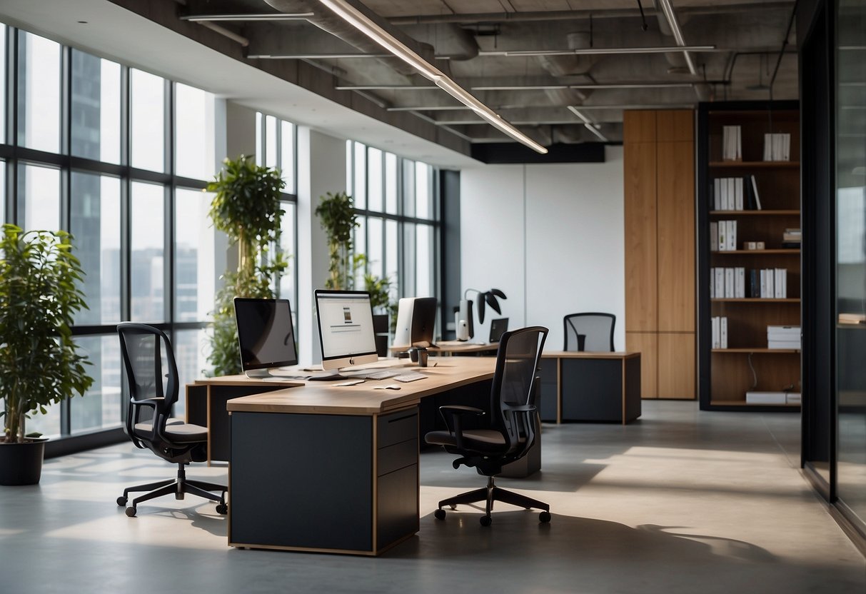 A sleek, modern office space with ergonomic Verve furniture, featuring adjustable desks and comfortable chairs