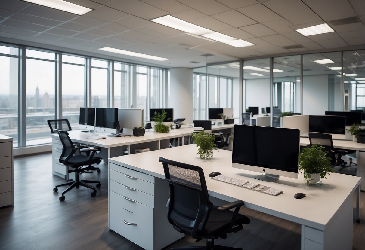 A modern office space with sleek, minimalist furniture arranged in a clean and organized layout. The furniture includes desks, chairs, and storage units, all exuding a professional and contemporary vibe