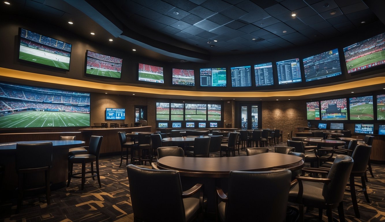 A vibrant sportsbook with multiple betting options. Customers, 18 and older, place bets and watch live games on large screens