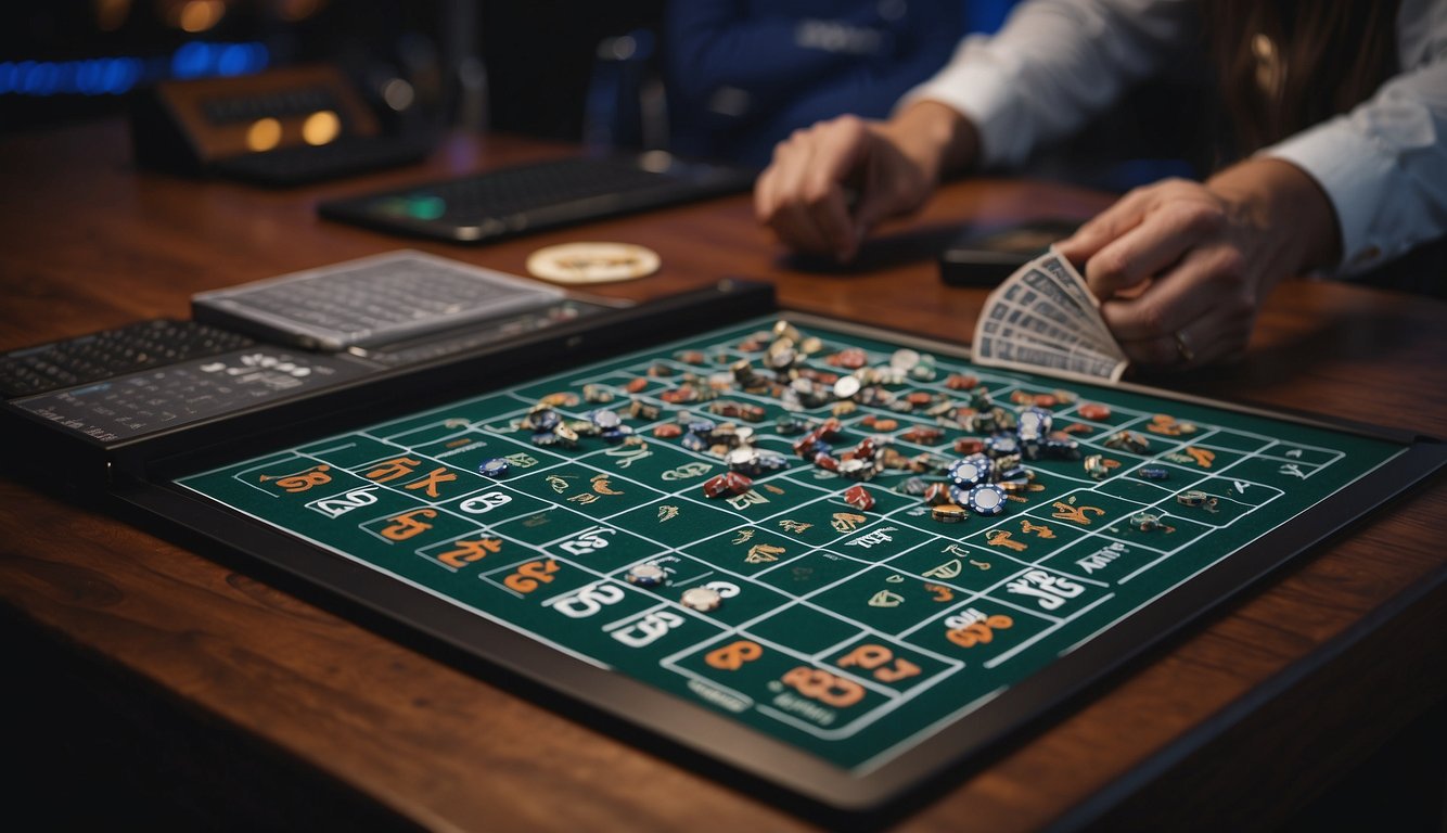 A person placing their first sports bet at 18, studying odds, and selecting a team to bet on, with a bookmaker's board in the background