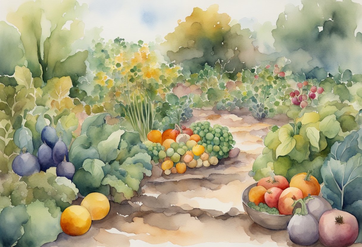 A garden with a variety of fruits and vegetables overflowing from their plants, contrasting with a barren, dry patch of soil nearby