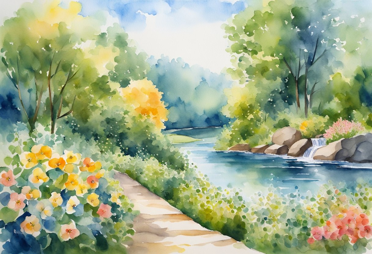 A garden with blooming flowers and ripe fruits, surrounded by a lush forest. A clear blue sky and a flowing river symbolize abundance