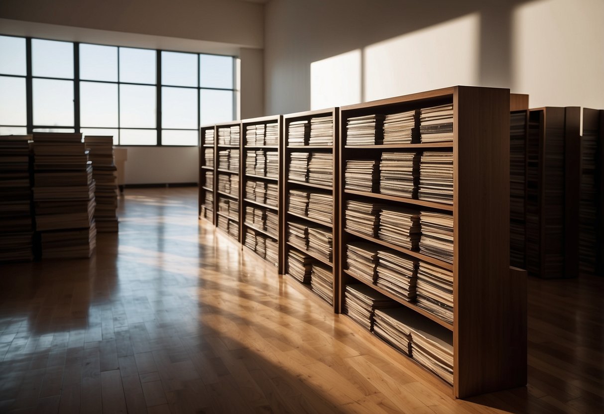 A wooden vinyl storage unit stands against a white wall, filled with neatly organized records. The warm sunlight streams through a nearby window, casting soft shadows on the collection