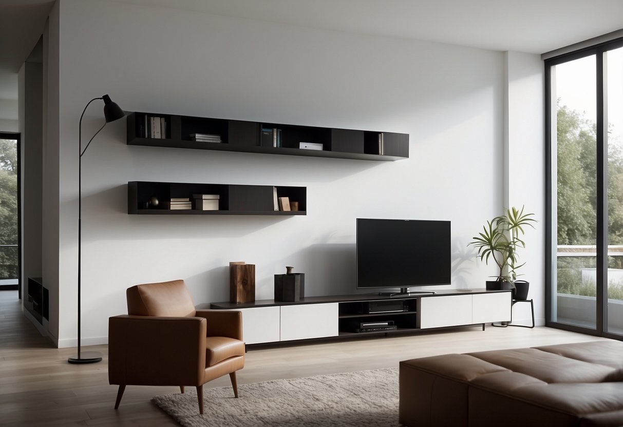 A modern living room with sleek, minimalist vinyl storage furniture against a clean, white wall. The furniture features open shelving and drawers for easy access and organization
