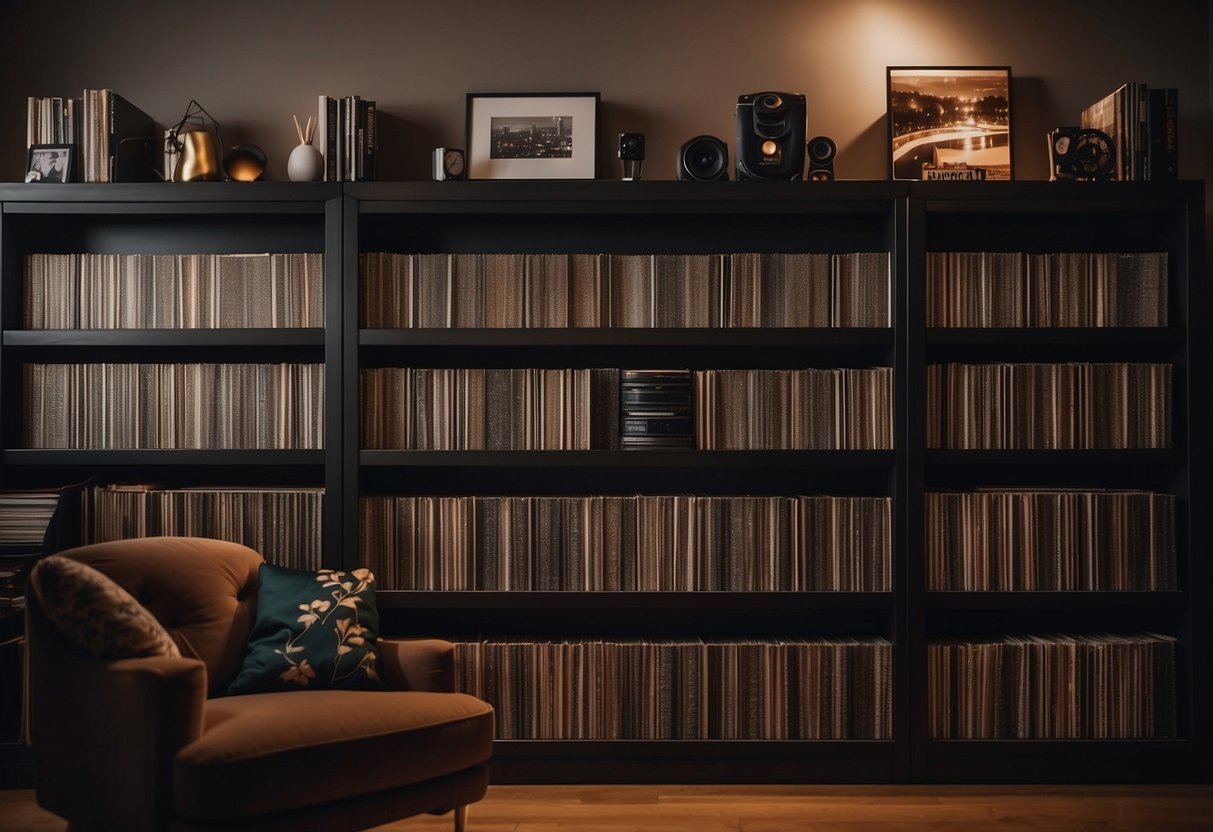 A sleek, modern vinyl storage unit stands against a backdrop of warm, dimly lit shelves, showcasing a collection of neatly organized records