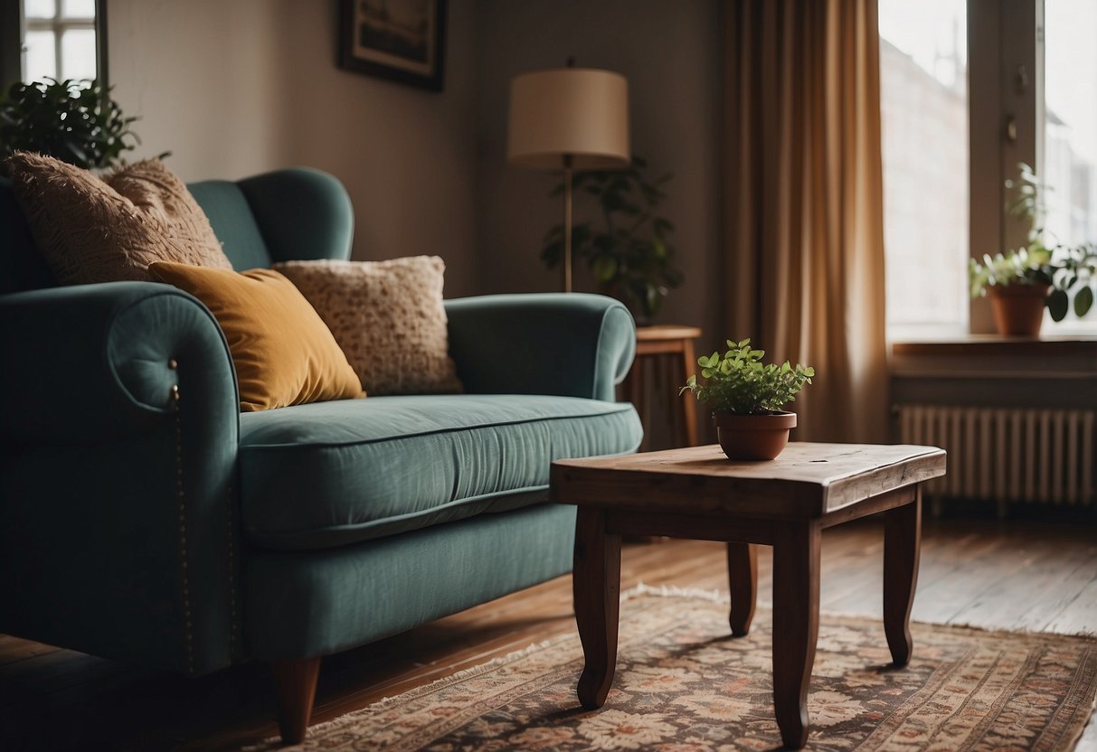 A cozy living room with a worn-in armchair, a vintage coffee table, and a warm, patterned rug. The furniture is well-loved and inviting