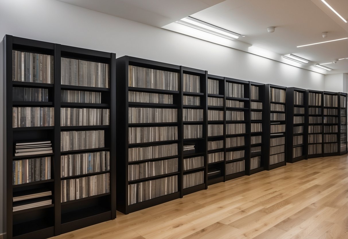A sleek, modern vinyl storage furniture piece stands against a clean white wall, with rows of neatly organized records displayed in the open shelves