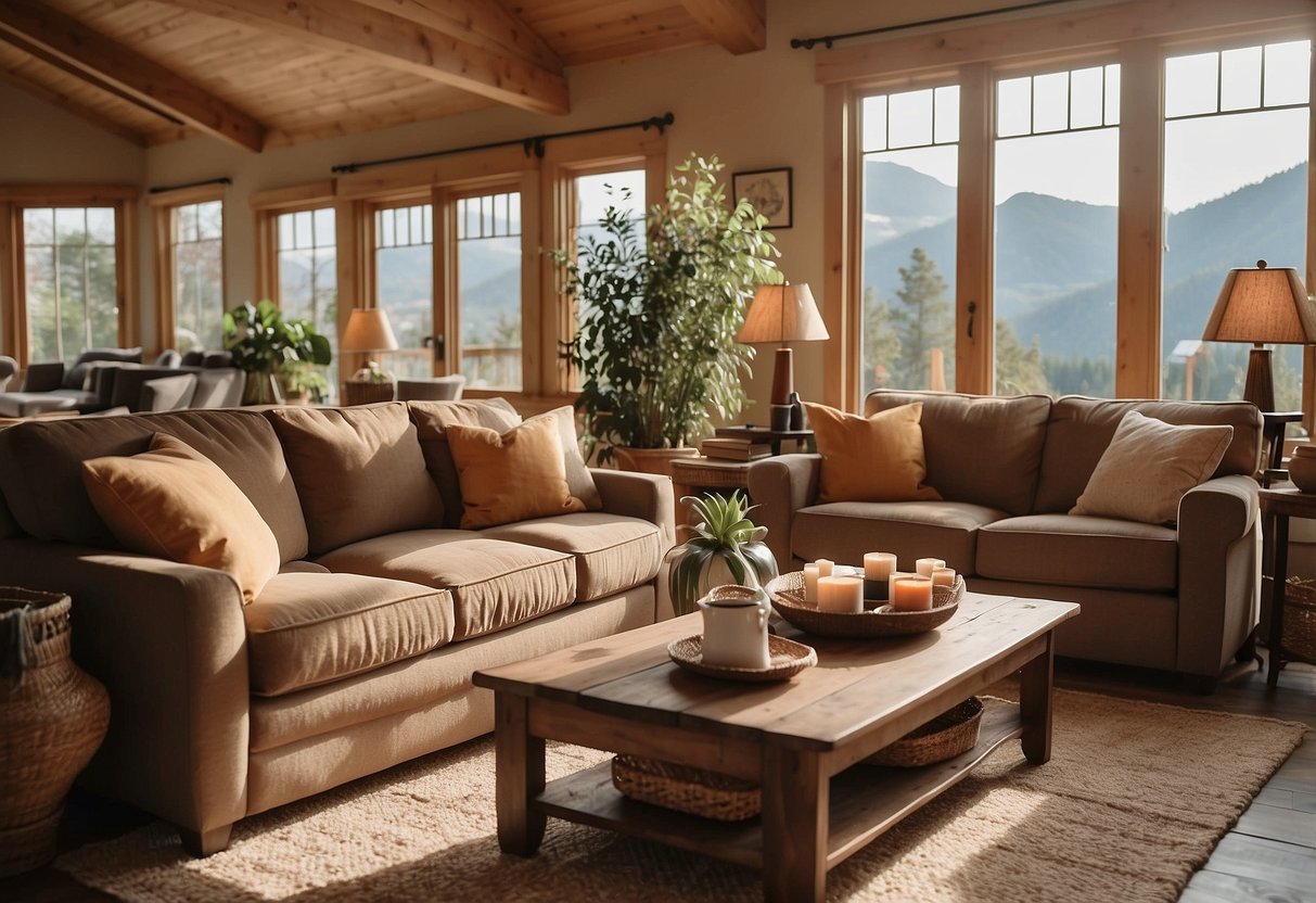 A cozy living room with a warm color palette, comfortable sofas, and a rustic wooden coffee table. The room is lit by soft, natural light streaming in through large windows, creating a welcoming and inviting atmosphere