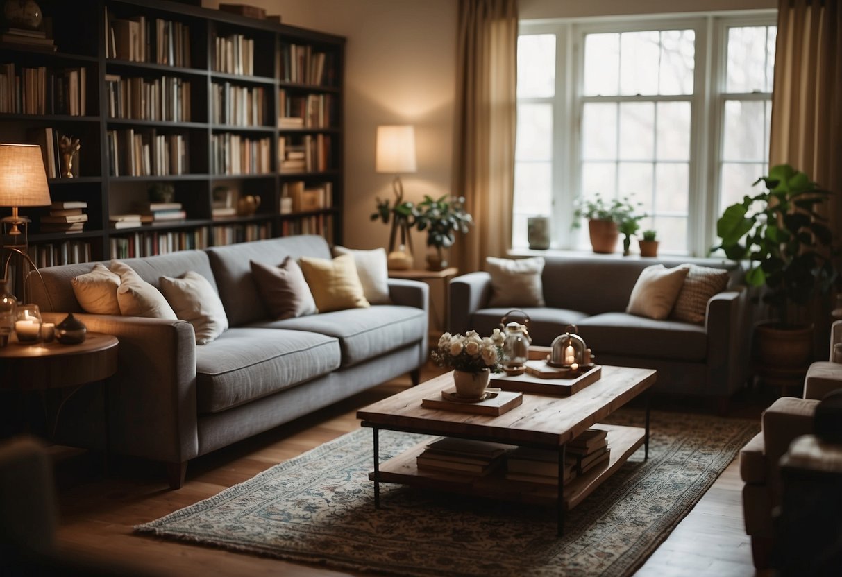 A cozy living room with a comfortable sofa, coffee table, and warm lighting. Bookshelves filled with books and decorative items. Rug and curtains add to the homely atmosphere