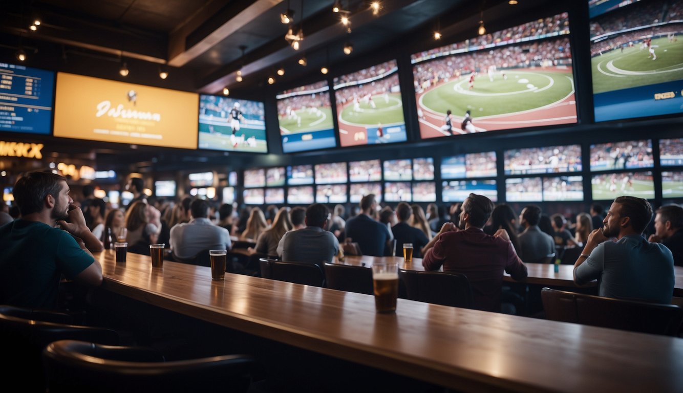 A crowded sports bar with people cheering, watching multiple TV screens displaying different sports events. Betting slips and tickets scattered on tables