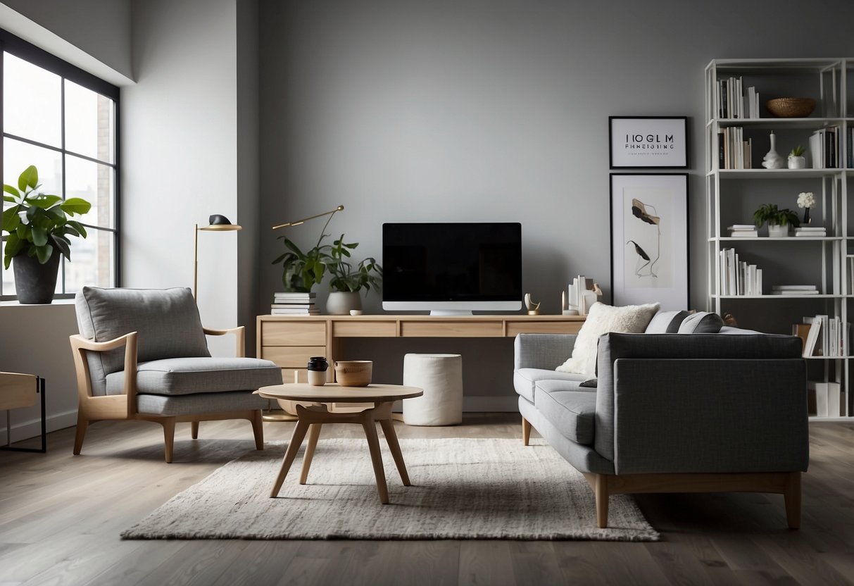 A room filled with IKEA furniture, including a sleek white desk, a modern gray sofa, and a minimalist wooden bookshelf