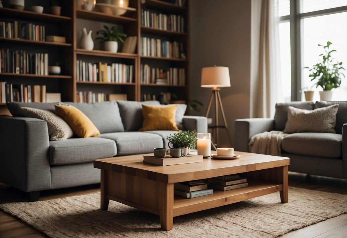 A cozy living room with a plush sofa, a wooden coffee table, and a bookshelf filled with books. A warm lamp illuminates the space