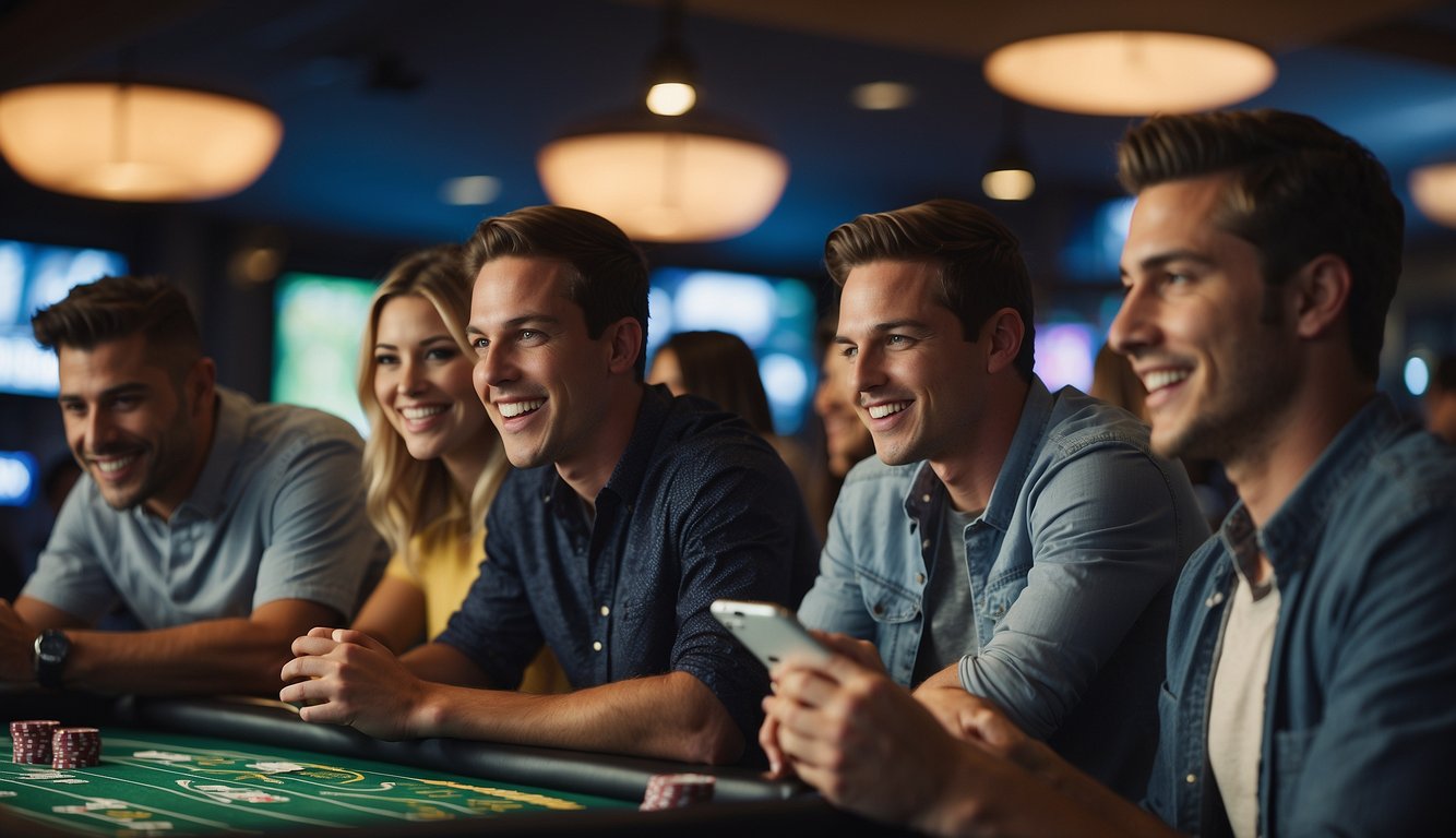 A group of young adults eagerly gather around a sportsbook, studying odds and placing bets. Excitement fills the air as they cheer for their chosen teams