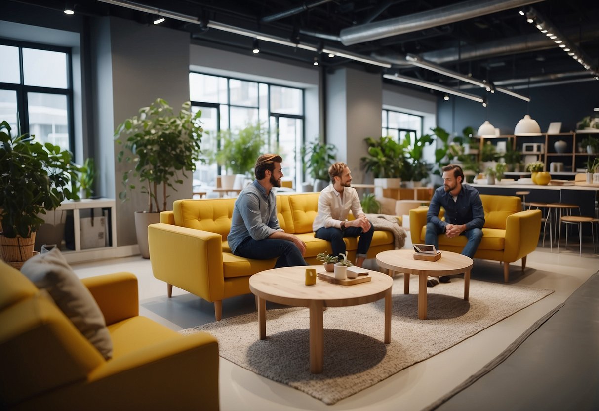 Customers browsing through IKEA showrooms, admiring modern furniture displays and testing out comfortable seating options