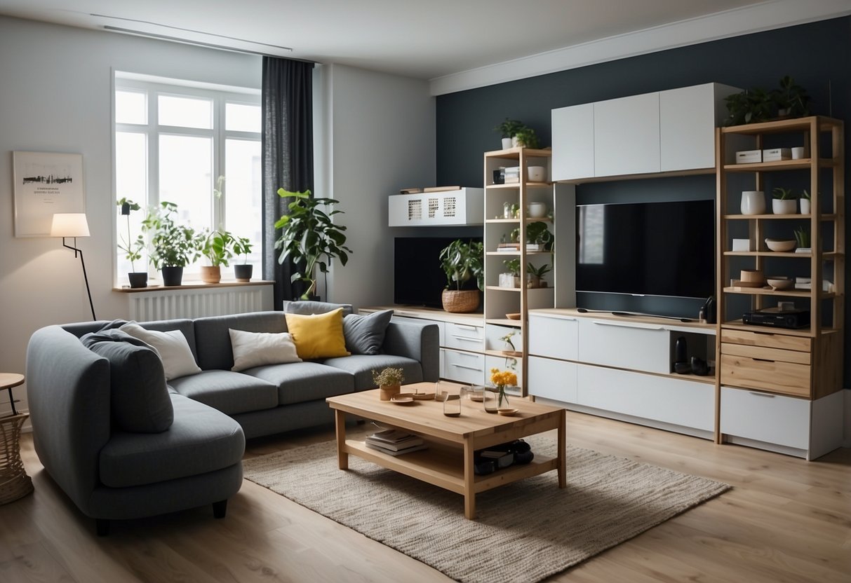 A room with various IKEA furniture pieces arranged neatly, showcasing a wide range of products and offers