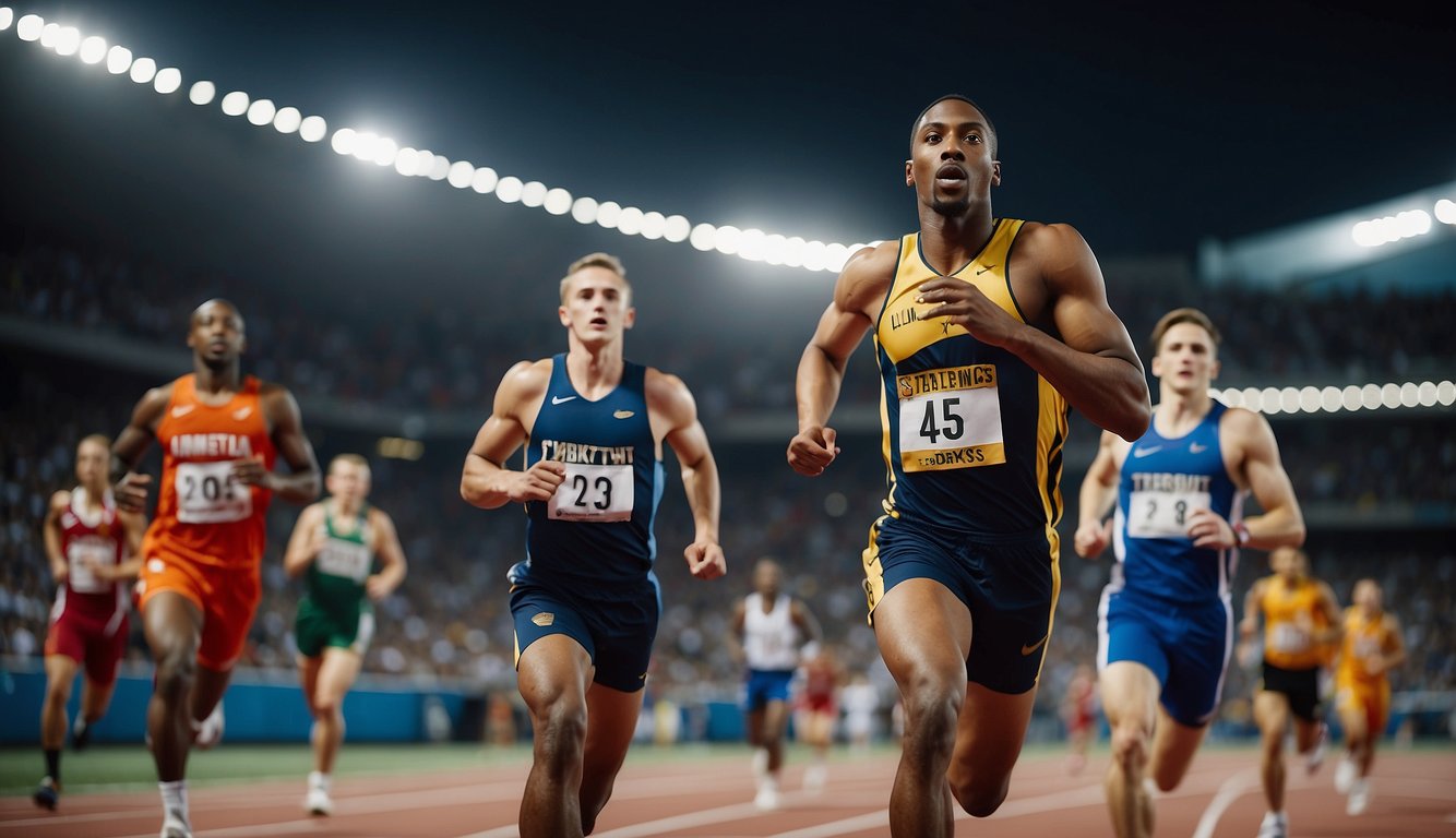 Athletes competing in various sports, including basketball, soccer, and track and field, with cheering spectators in the background