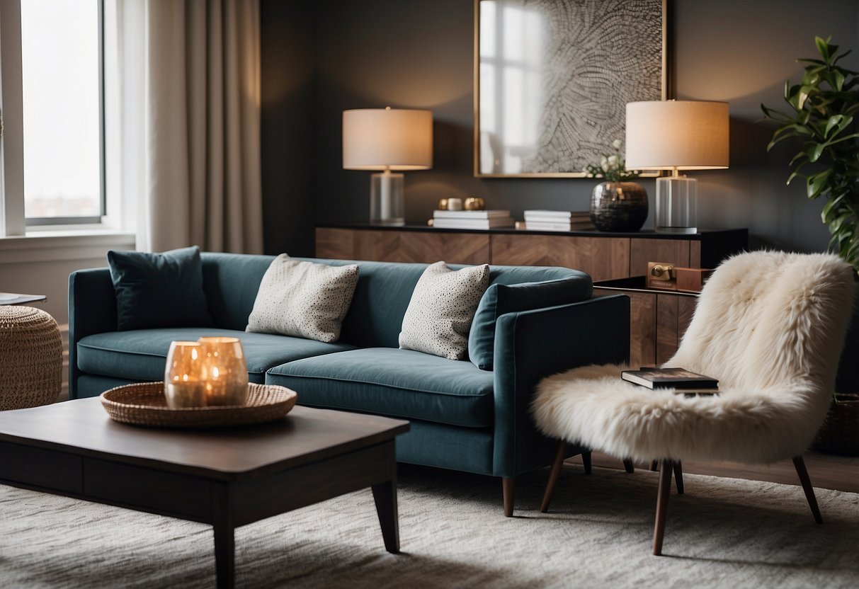 A cozy living room with a modern sofa and a stylish accent chair. A sleek side table with a decorative lamp and a unique patterned rug