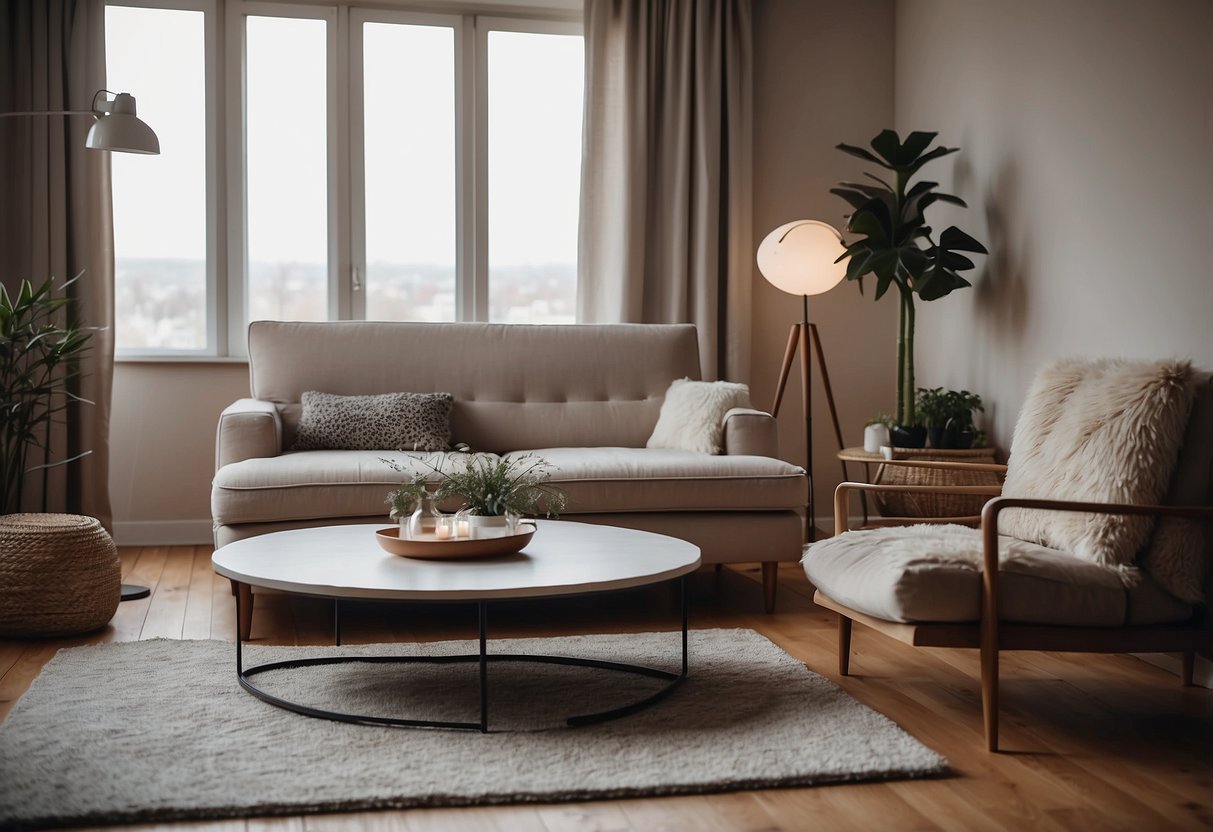 A cozy living room with a plush rug, a sleek side table, and a stylish armchair next to a tall floor lamp