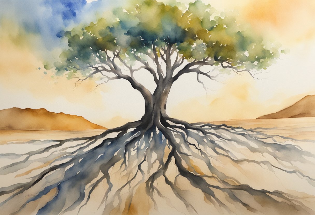 A lone tree stands tall amidst barren land, symbolizing abundance mentality overcoming scarcity. The tree's roots dig deep, overcoming challenges and adversity